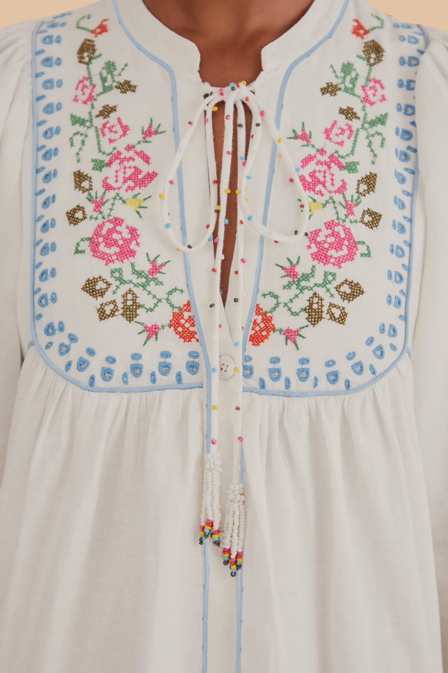 FARM Rio OFF-WHITE EMBROIDERED MIDI DRESS