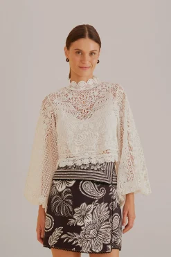 FARM Rio OFF-WHITE GUIPURE LONG SLEEVE BLOUSE