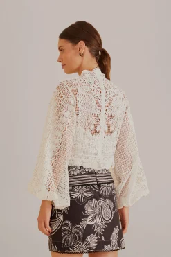 FARM Rio OFF-WHITE GUIPURE LONG SLEEVE BLOUSE