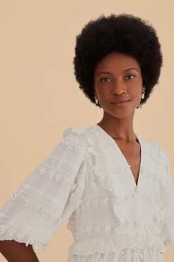 FARM Rio  OFF-WHITE RUFFLE TASSELS MIDI DRESS