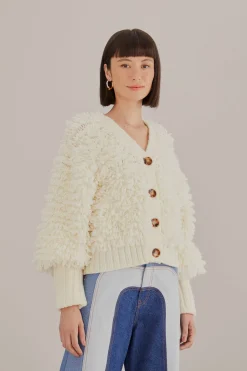 FARM Rio OFF-WHITE TEXTURED V NECK CARDIGAN