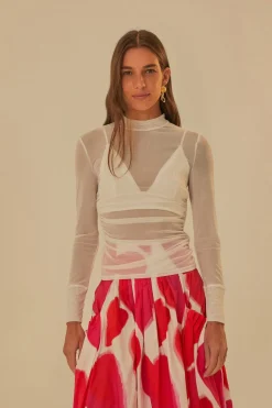 FARM Rio OFF WHITE TULLE LONG SLEEVED BLOUSE