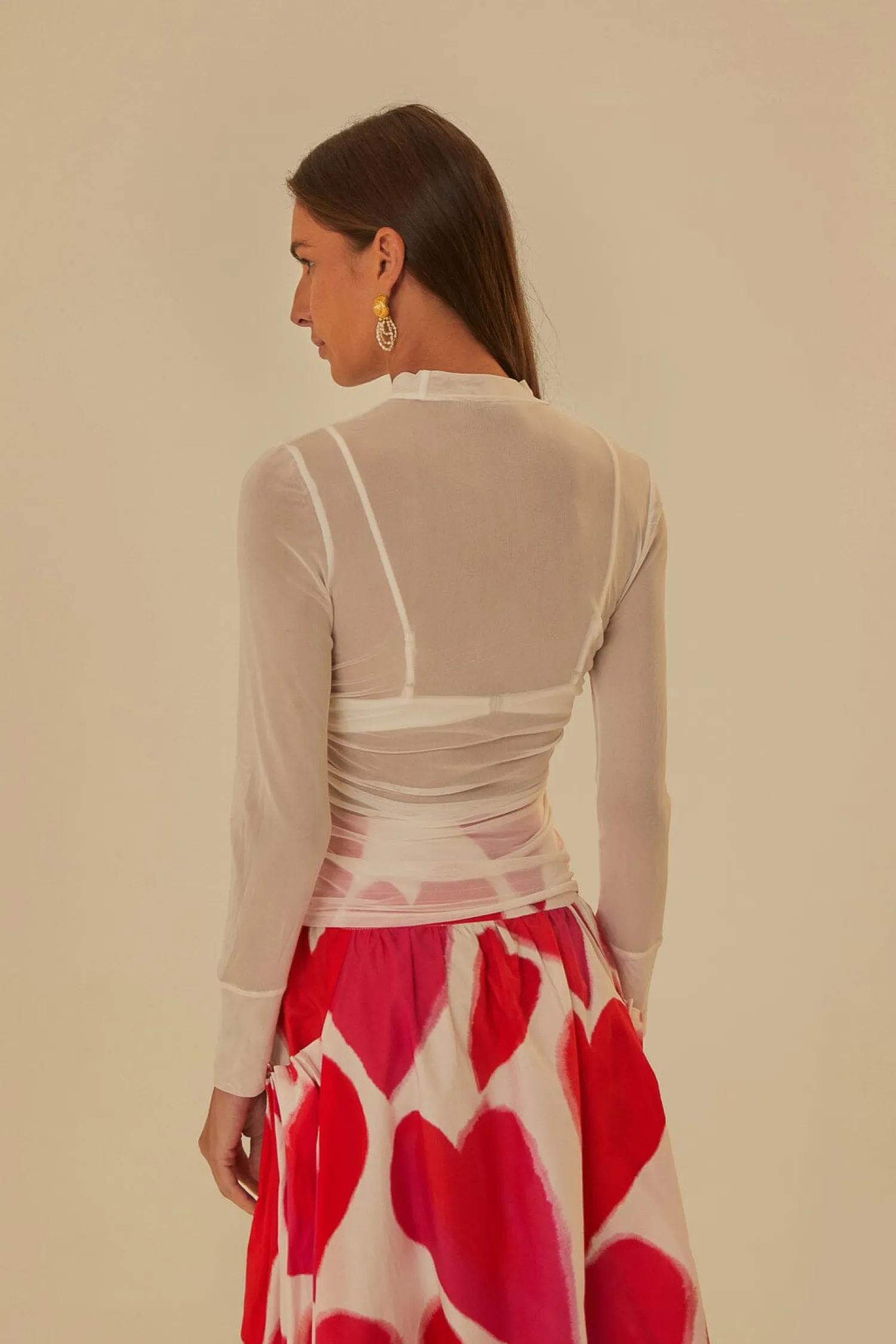 FARM Rio OFF WHITE TULLE LONG SLEEVED BLOUSE