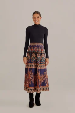 FARM Rio ORANGE AINIKA TAPESTRY MIDI SKIRT