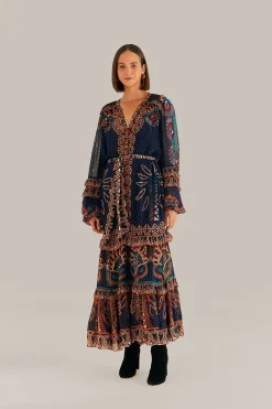 FARM Rio ORANGE AINIKA TAPESTRY SLIT MAXI DRESS