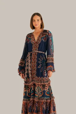 FARM Rio  ORANGE AINIKA TAPESTRY SLIT MAXI DRESS