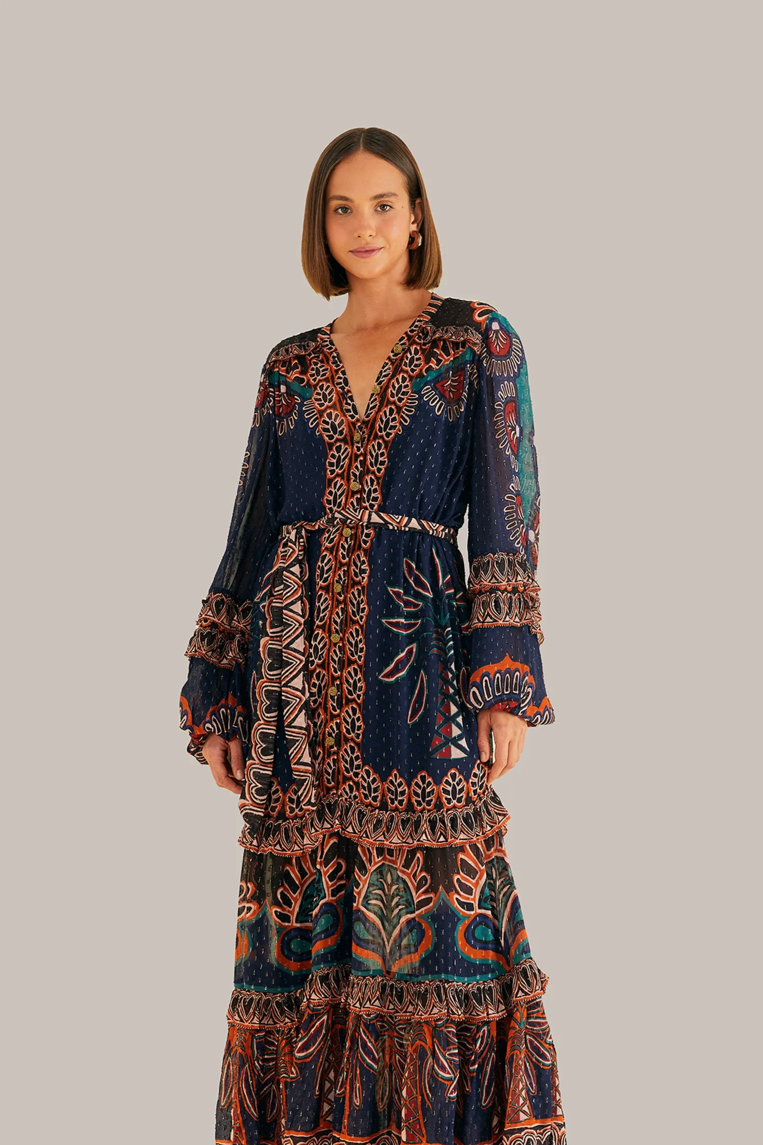 FARM Rio ORANGE AINIKA TAPESTRY SLIT MAXI DRESS