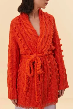FARM Rio  ORANGE BRAIDED KNIT CARDIGAN