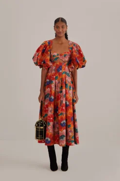 FARM Rio  ORANGE MARIAS FLORAL CUT-OUT MIDI DRESS