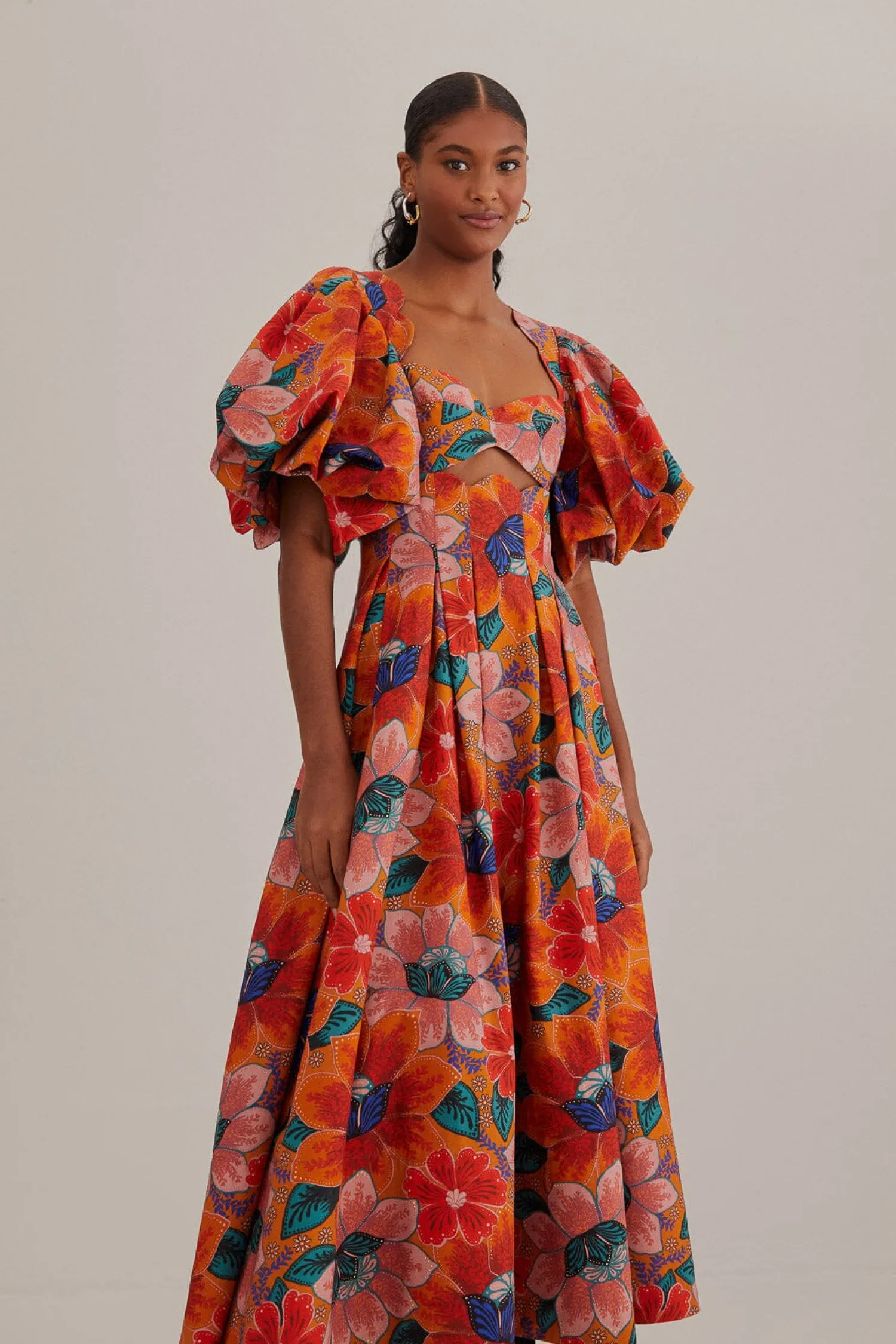 FARM Rio ORANGE MARIAS FLORAL CUT-OUT MIDI DRESS