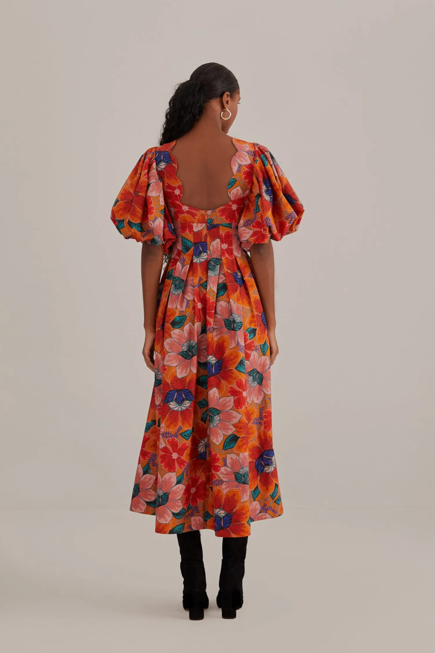FARM Rio ORANGE MARIAS FLORAL CUT-OUT MIDI DRESS