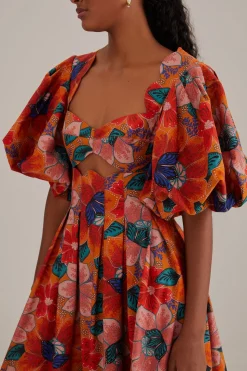 FARM Rio ORANGE MARIAS FLORAL CUT-OUT MIDI DRESS