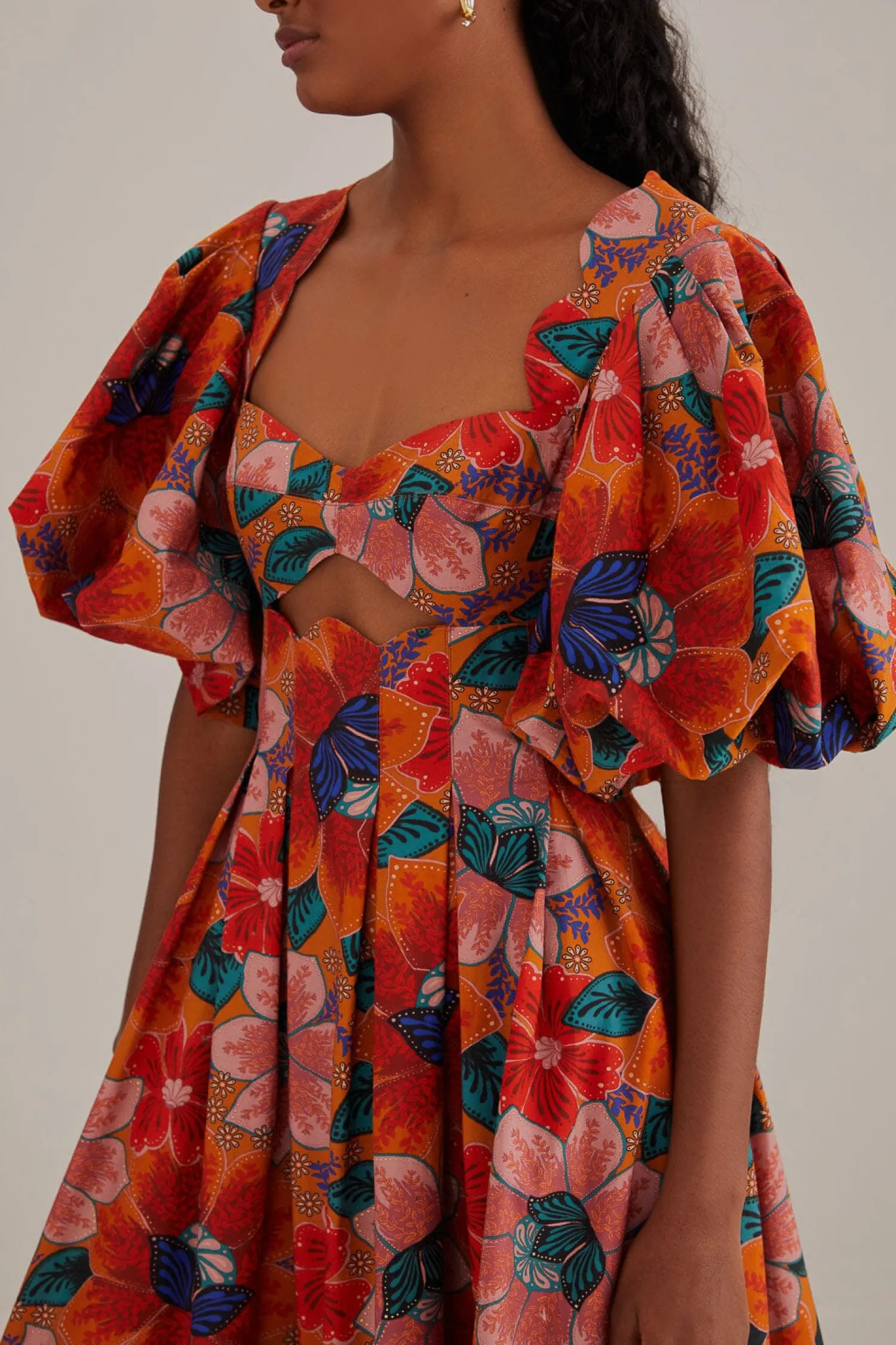 FARM Rio ORANGE MARIAS FLORAL CUT-OUT MIDI DRESS