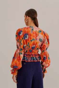FARM Rio  ORANGE MARIAS FLORAL LONG SLEEVE BLOUSE