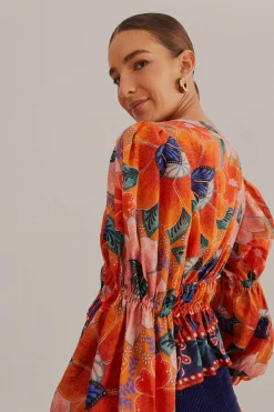FARM Rio  ORANGE MARIAS FLORAL LONG SLEEVE BLOUSE
