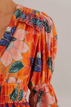 FARM Rio  ORANGE MARIAS FLORAL LONG SLEEVE BLOUSE