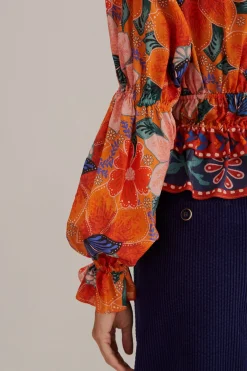 FARM Rio  ORANGE MARIAS FLORAL LONG SLEEVE BLOUSE