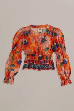 FARM Rio  ORANGE MARIAS FLORAL LONG SLEEVE BLOUSE