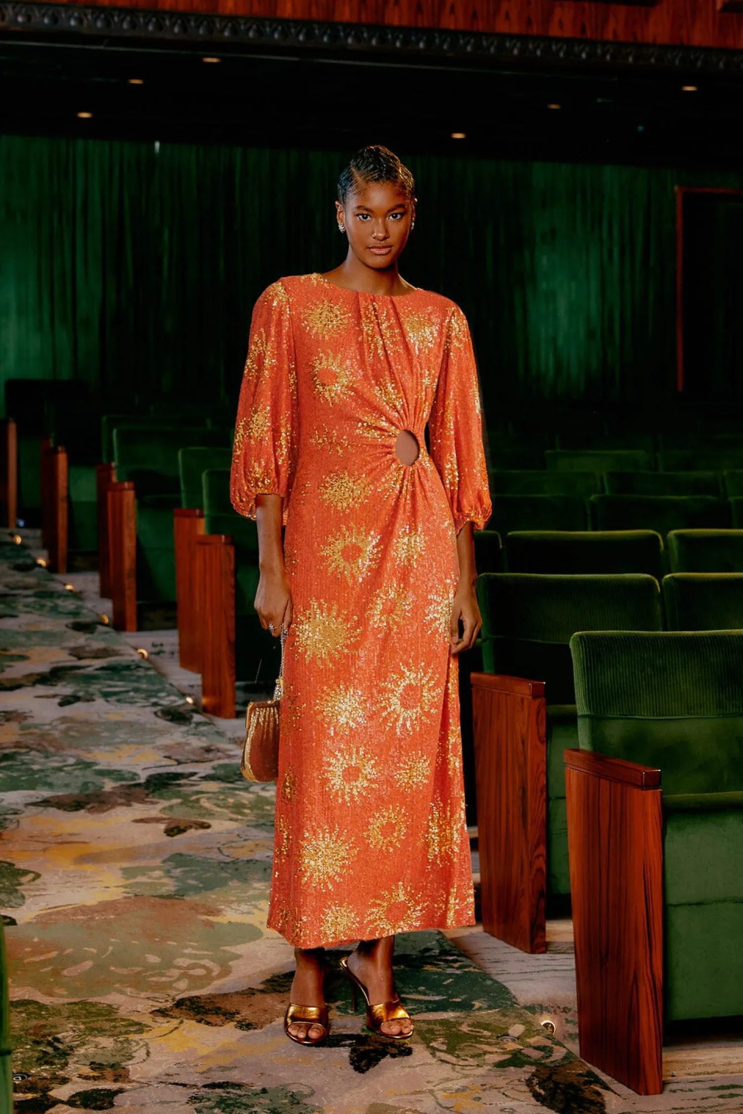 FARM Rio ORANGE SUNNY MOOD SEQUIN CUT OUT MIDI DRESS