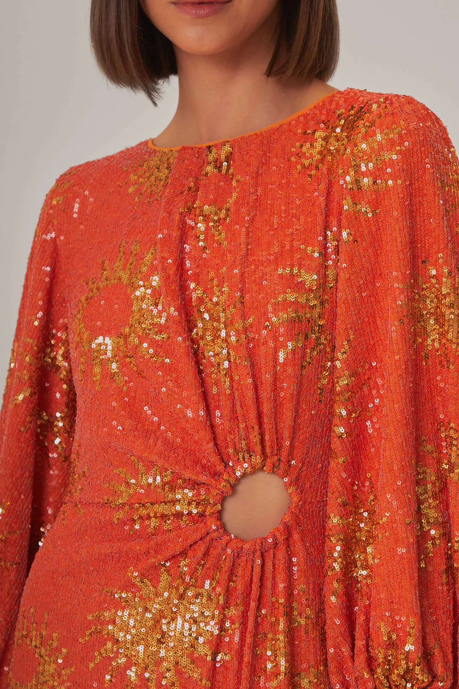 FARM Rio ORANGE SUNNY MOOD SEQUIN CUT OUT MIDI DRESS