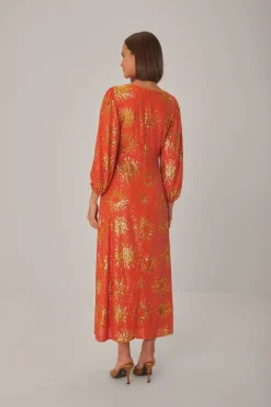 FARM Rio ORANGE SUNNY MOOD SEQUIN CUT OUT MIDI DRESS