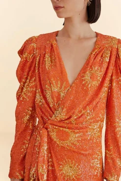 FARM Rio ORANGE SUNNY MOOD SEQUIN LONG SLEEVE MINI DRESS