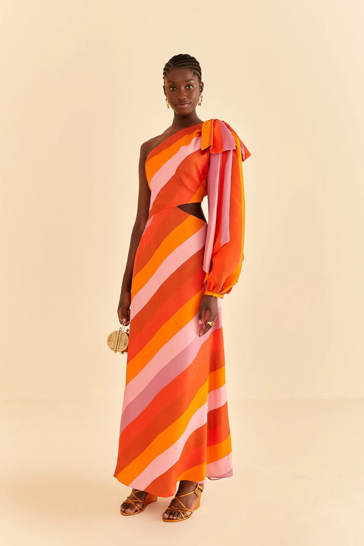FARM Rio PARTY STRIPES MULTICOLOR ONE SHOULDER MAXI DRESS