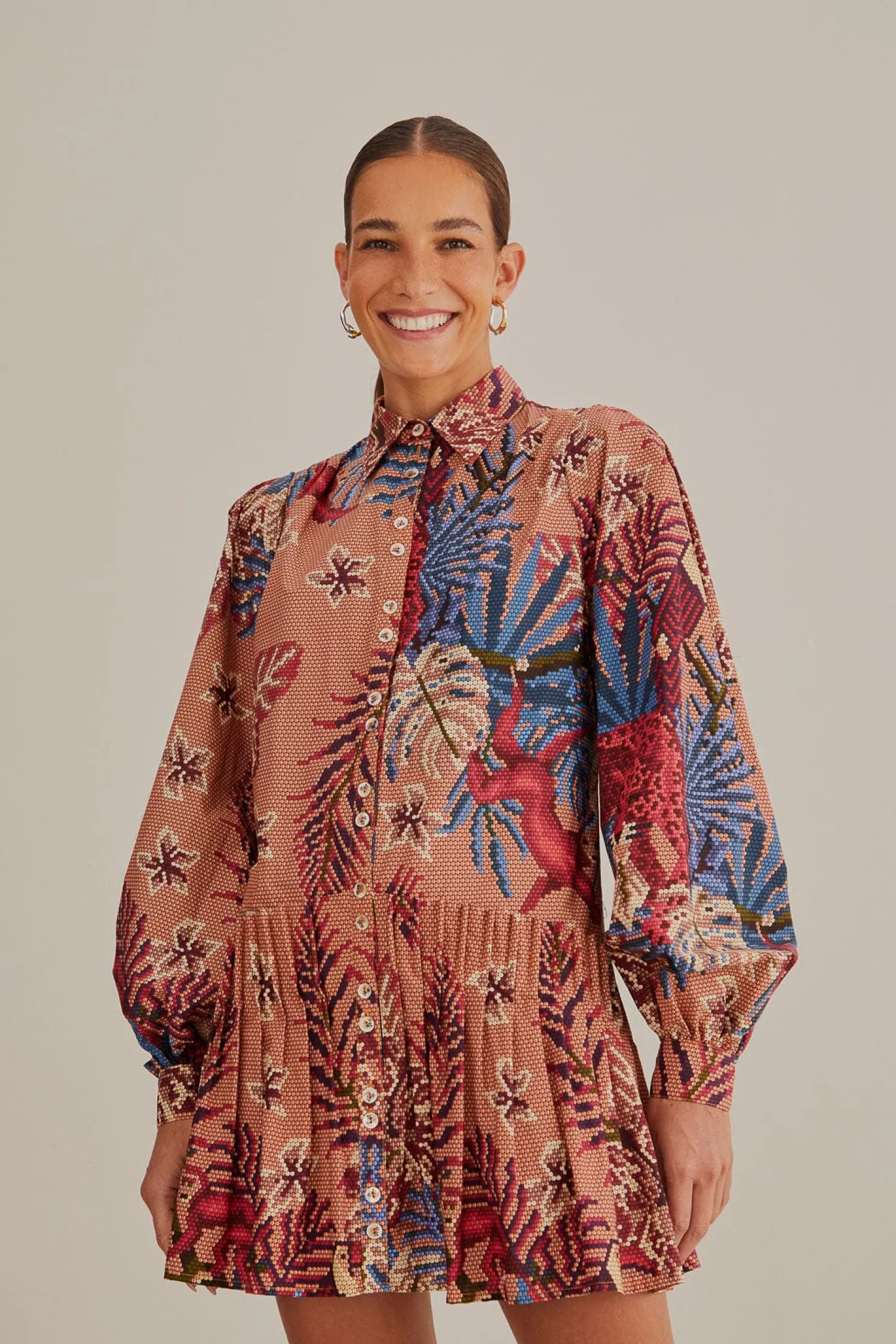 FARM Rio PINK BEADED FOREST LONG SLEEVE MINI DRESS