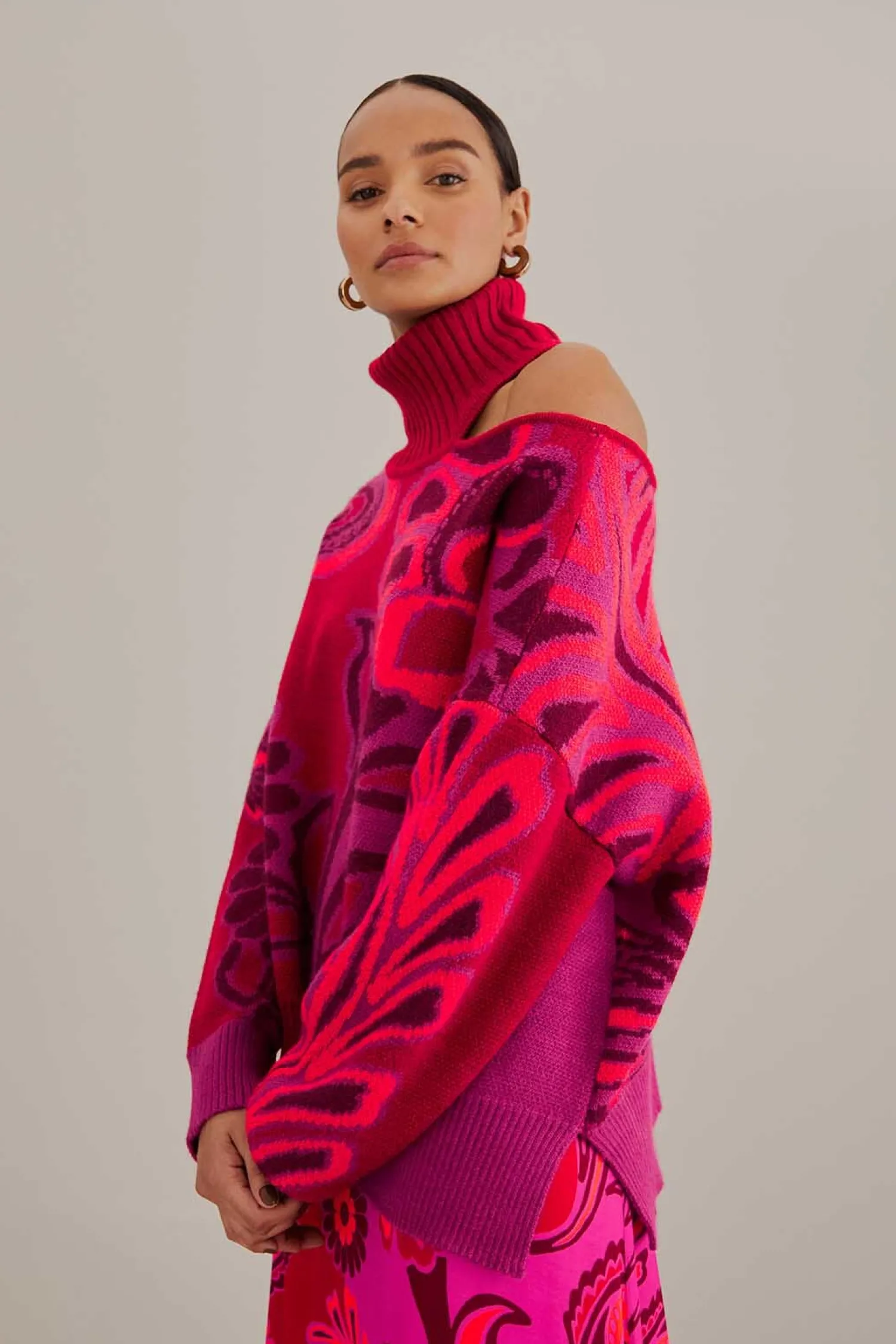 FARM Rio PINK BOLD FLORAL KNIT SWEATER