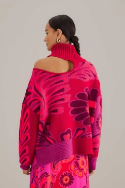 FARM Rio PINK BOLD FLORAL KNIT SWEATER