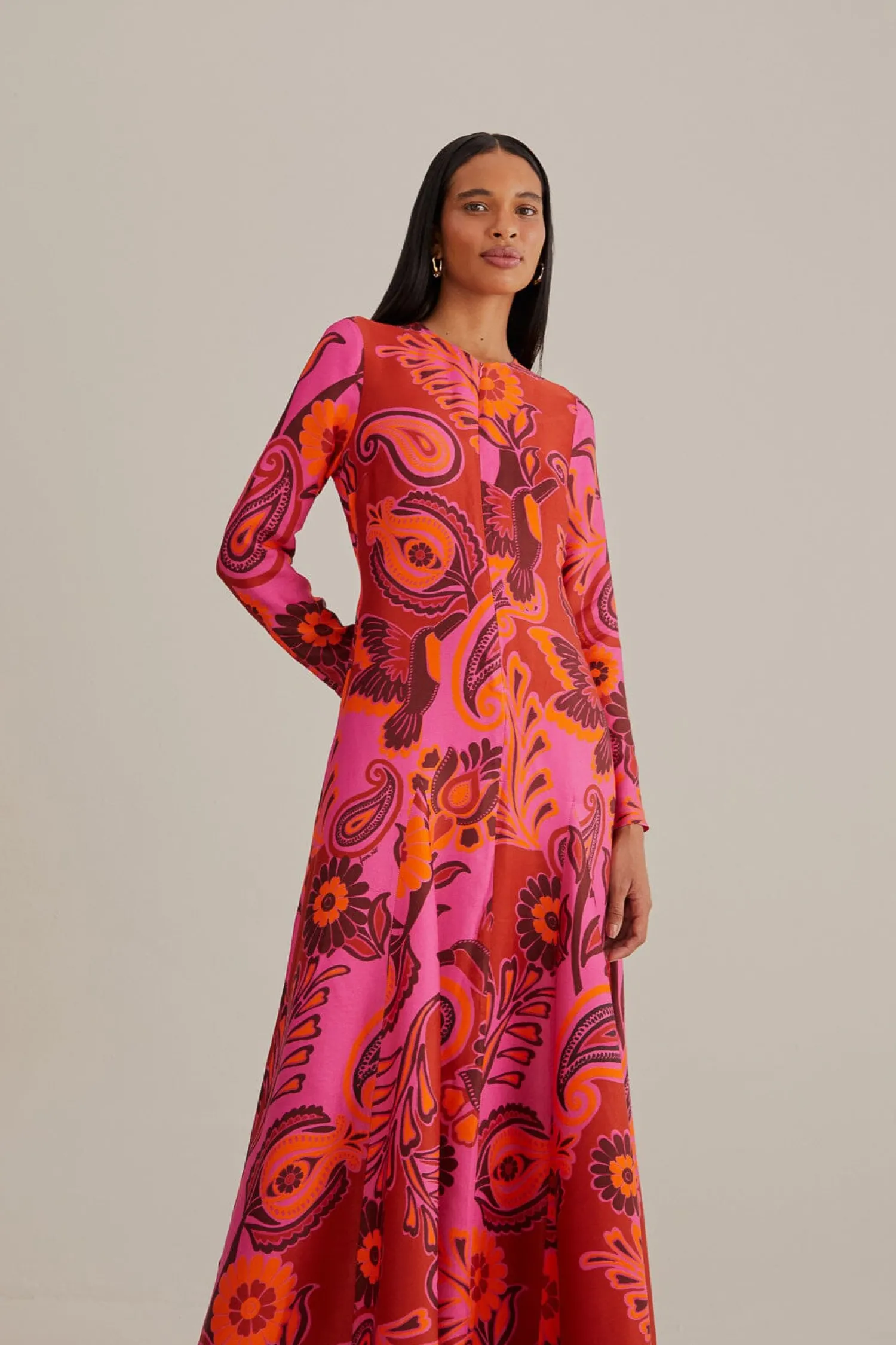 FARM Rio PINK BOLD FLORAL LONG SLEEVE MAXI DRESS
