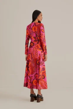 FARM Rio PINK BOLD FLORAL LONG SLEEVE MAXI DRESS