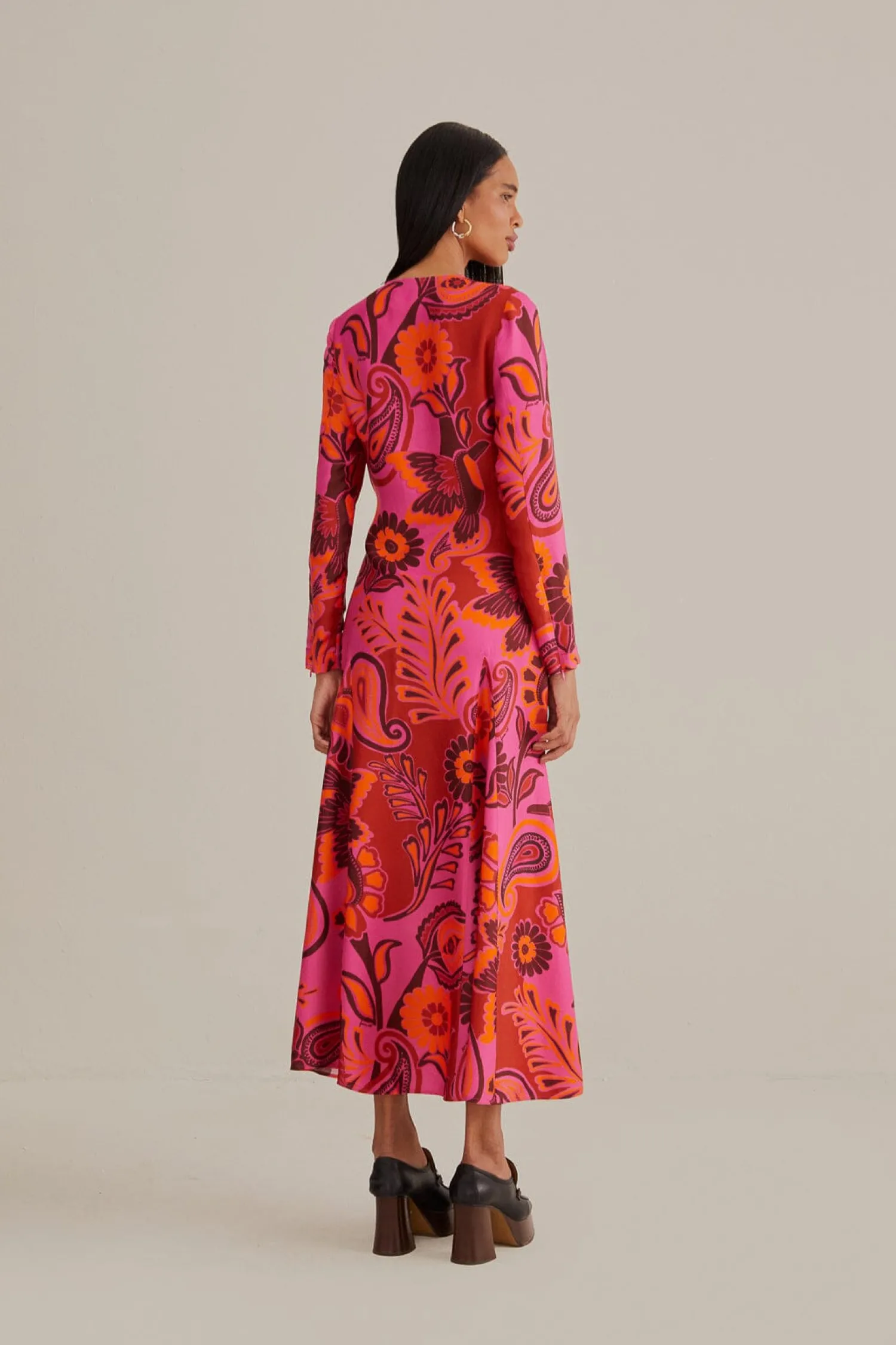 FARM Rio PINK BOLD FLORAL LONG SLEEVE MAXI DRESS