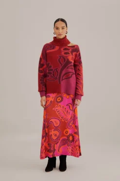 FARM Rio PINK BOLD FLORAL SATIN MAXI SKIRT