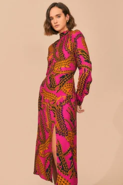 FARM Rio  PINK CROCO LENZING™ ECOVERO™ VISCOSE SLIT MIDI DRESS