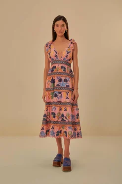 FARM Rio  PINK SEASHELL TAPESTRY MIDI DRESS