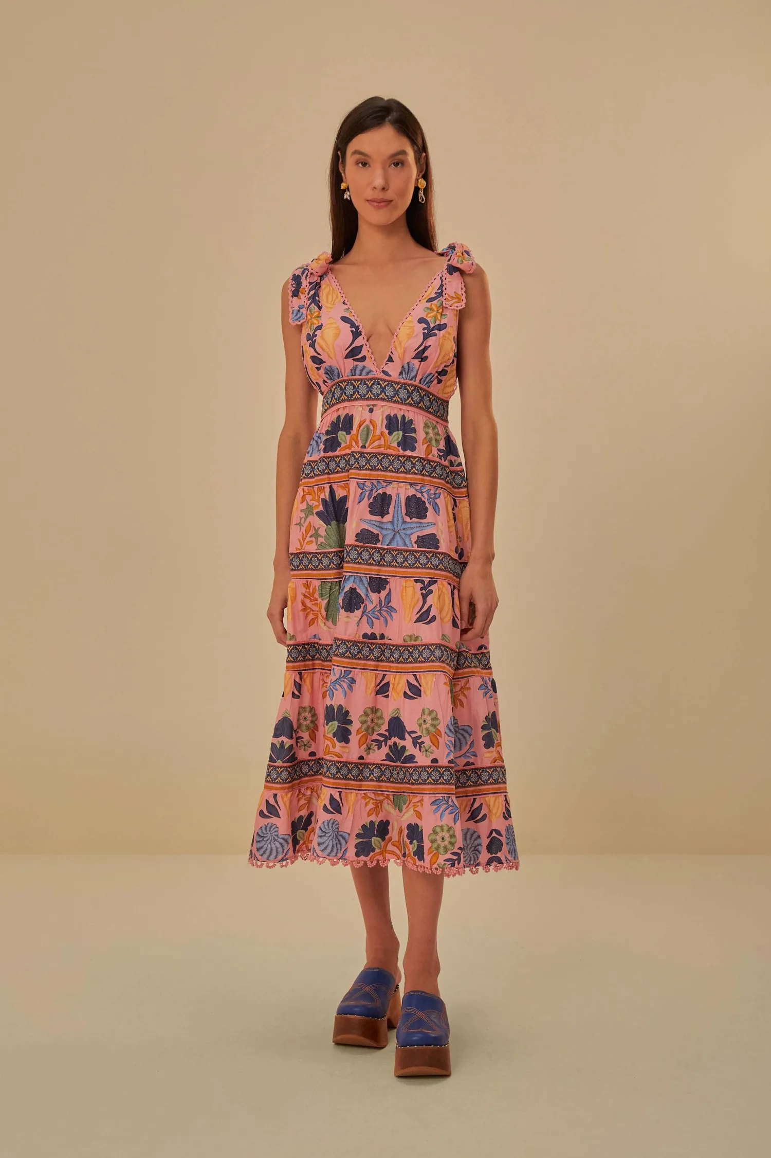 FARM Rio PINK SEASHELL TAPESTRY MIDI DRESS