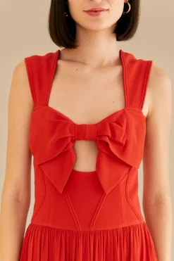 FARM Rio RED BOW SLEEVELESS MIDI DRESS