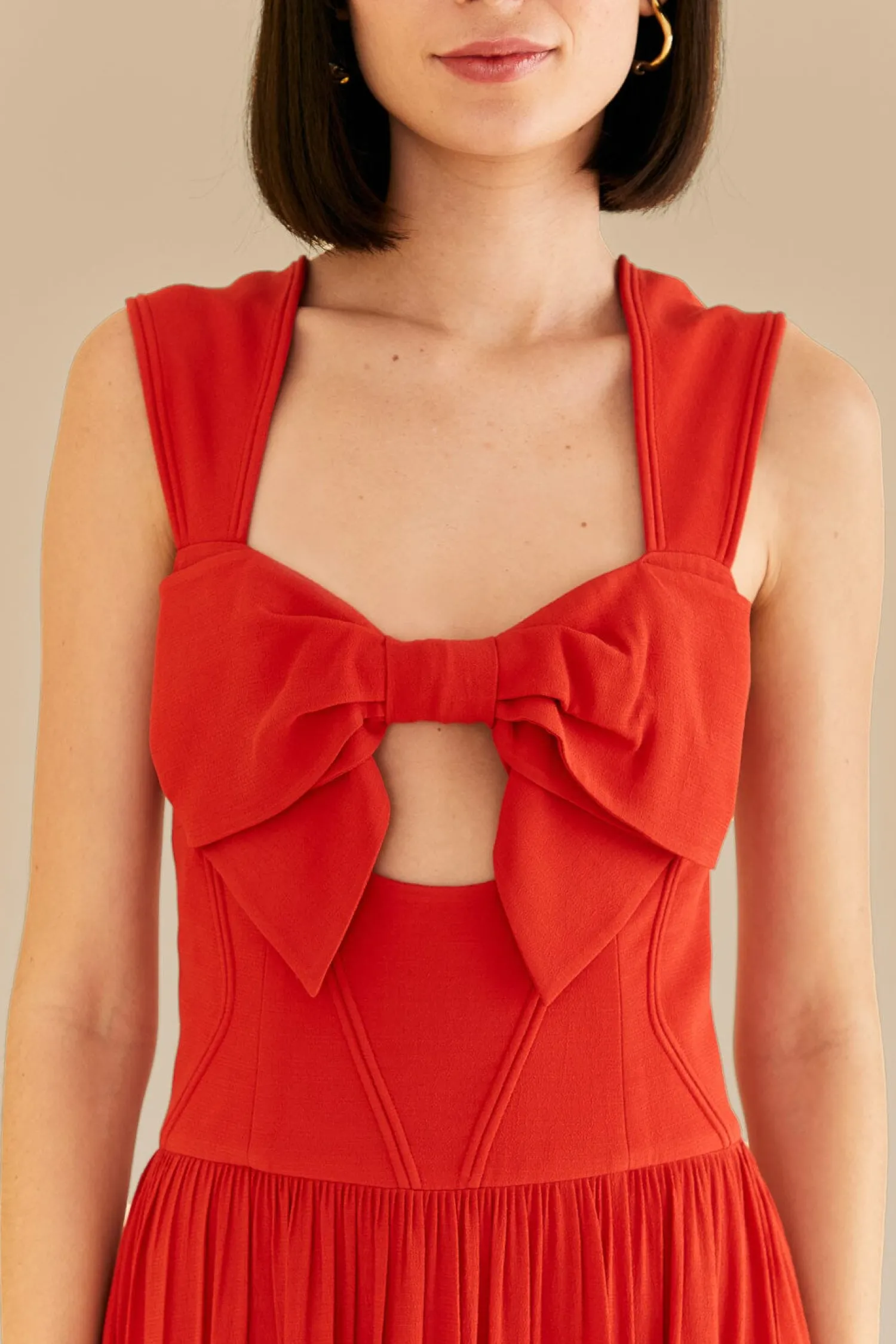 FARM Rio RED BOW SLEEVELESS MIDI DRESS