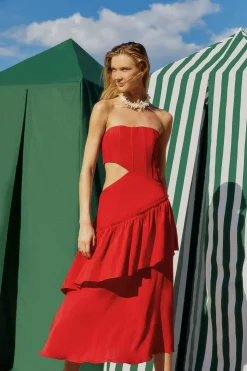 FARM Rio  RED CUT OUT STRAPLESS MIDI DRESS