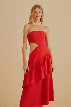 FARM Rio RED CUT OUT STRAPLESS MIDI DRESS