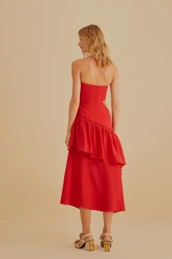 FARM Rio RED CUT OUT STRAPLESS MIDI DRESS