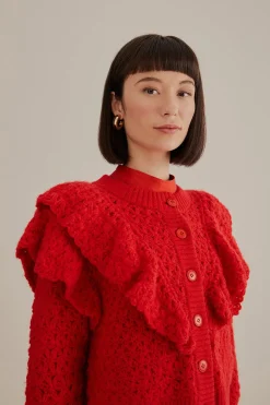 FARM Rio RED FLOWER TEXTURE KNIT CARDIGAN