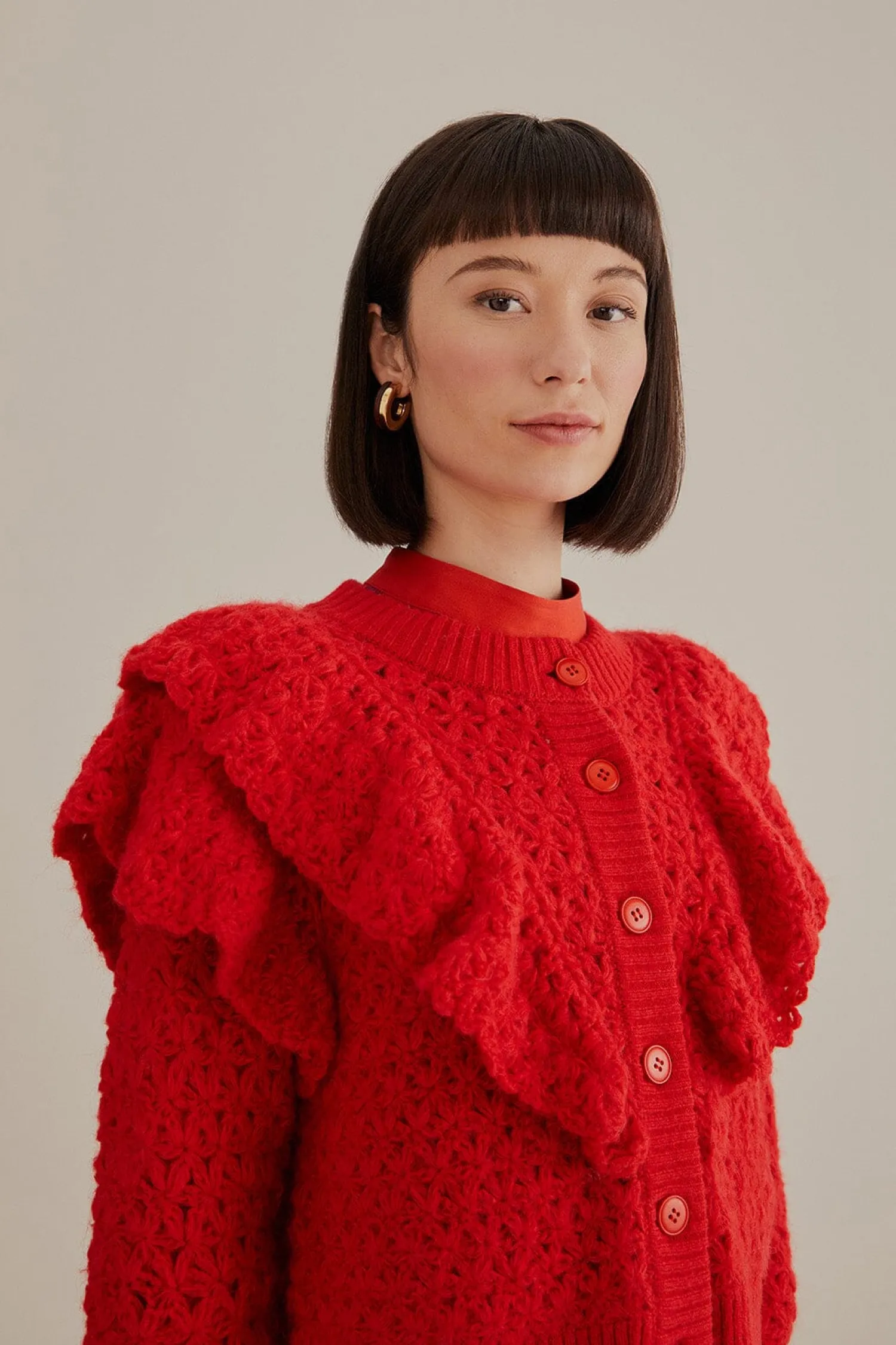 FARM Rio RED FLOWER TEXTURE KNIT CARDIGAN