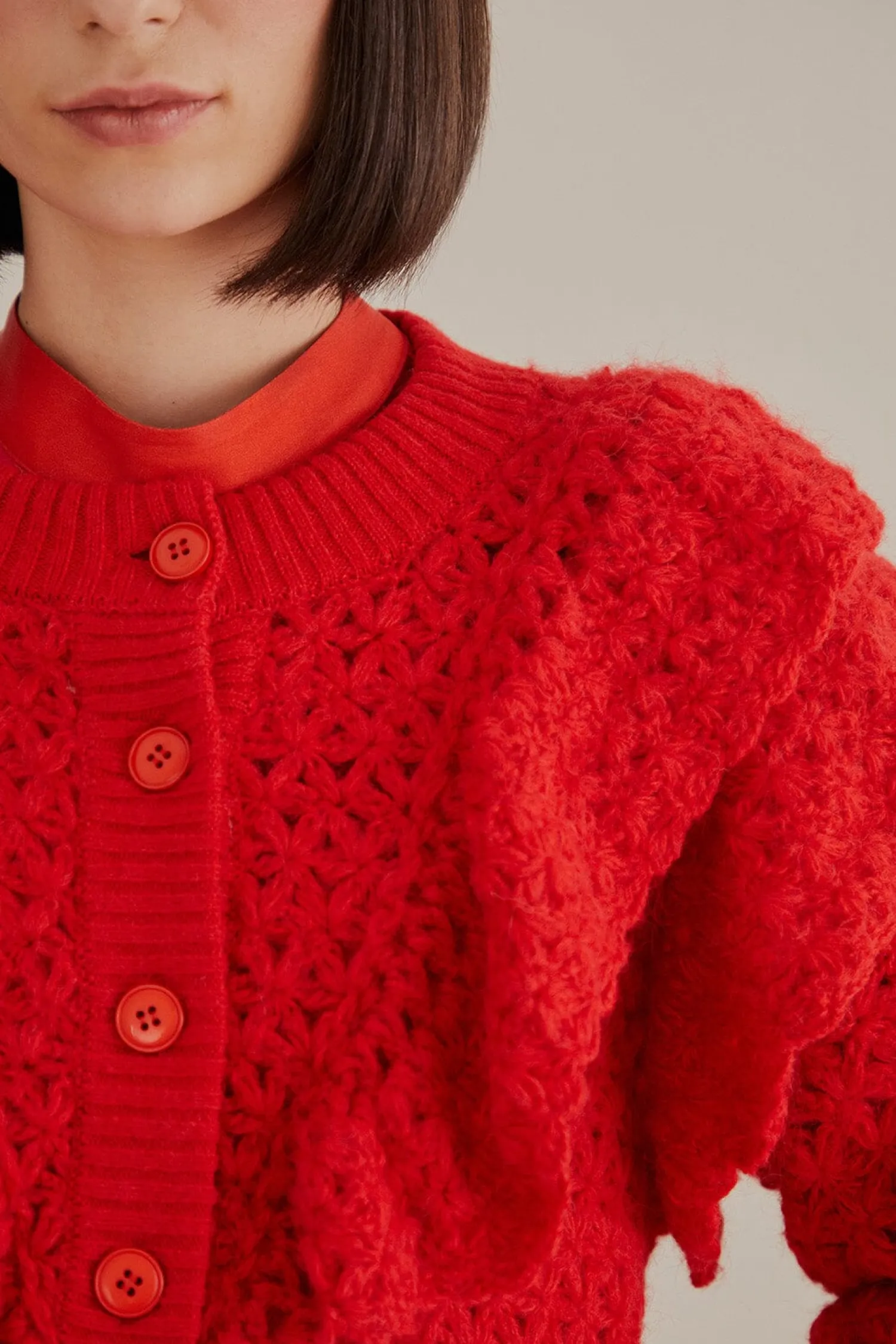 FARM Rio RED FLOWER TEXTURE KNIT CARDIGAN
