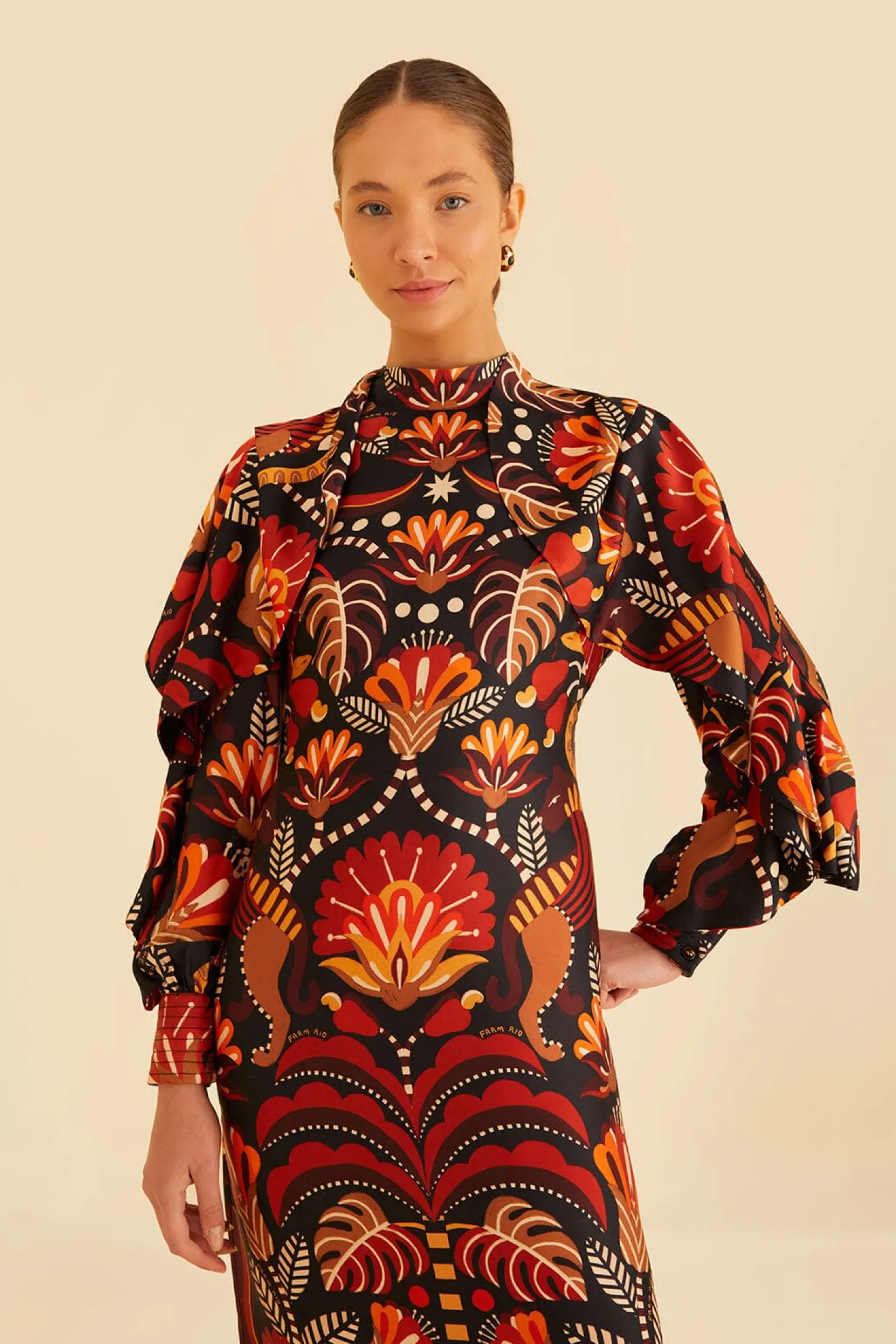 FARM Rio RED NATURE BEAUTY SCARF BACKLESS MIDI DRESS