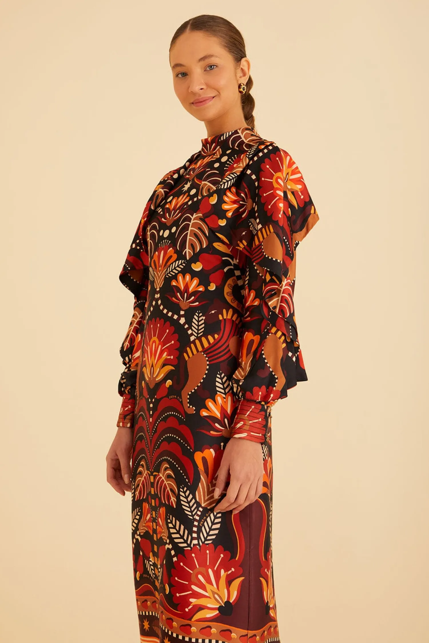 FARM Rio RED NATURE BEAUTY SCARF BACKLESS MIDI DRESS