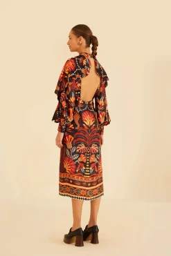 FARM Rio RED NATURE BEAUTY SCARF BACKLESS MIDI DRESS