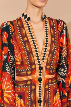 FARM Rio  RED NATURE BEAUTY SCARF LONG SLEEVE MAXI DRESS