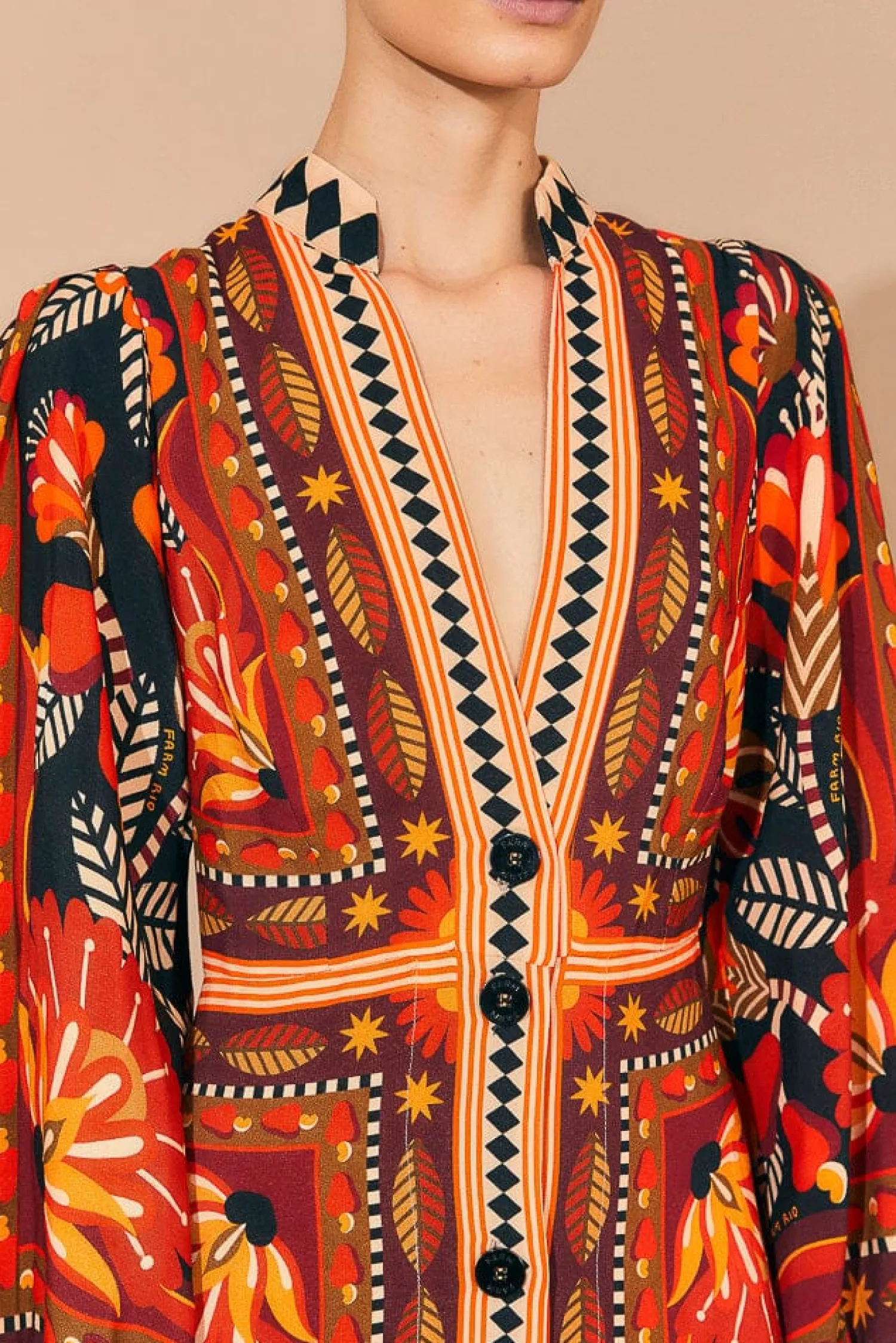 FARM Rio RED NATURE BEAUTY SCARF LONG SLEEVE MAXI DRESS